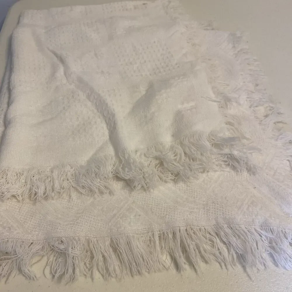 Beautiful Vintage MCM Acrylic White Square Tablecloth Japan Made Fringe Lot Of 2